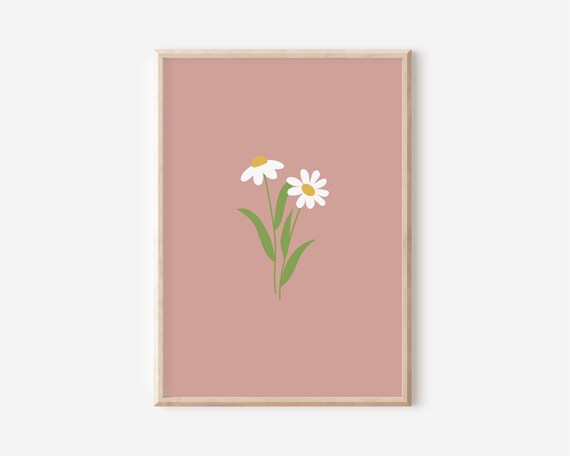 White Daisy Floral Dusty Pink Simple Flower Illustration Poster