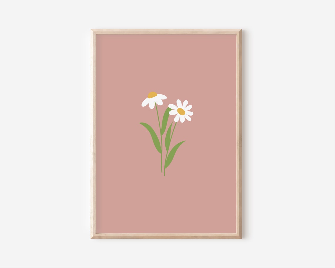 White Daisy Floral Dusty Pink Simple Flower Illustration Poster