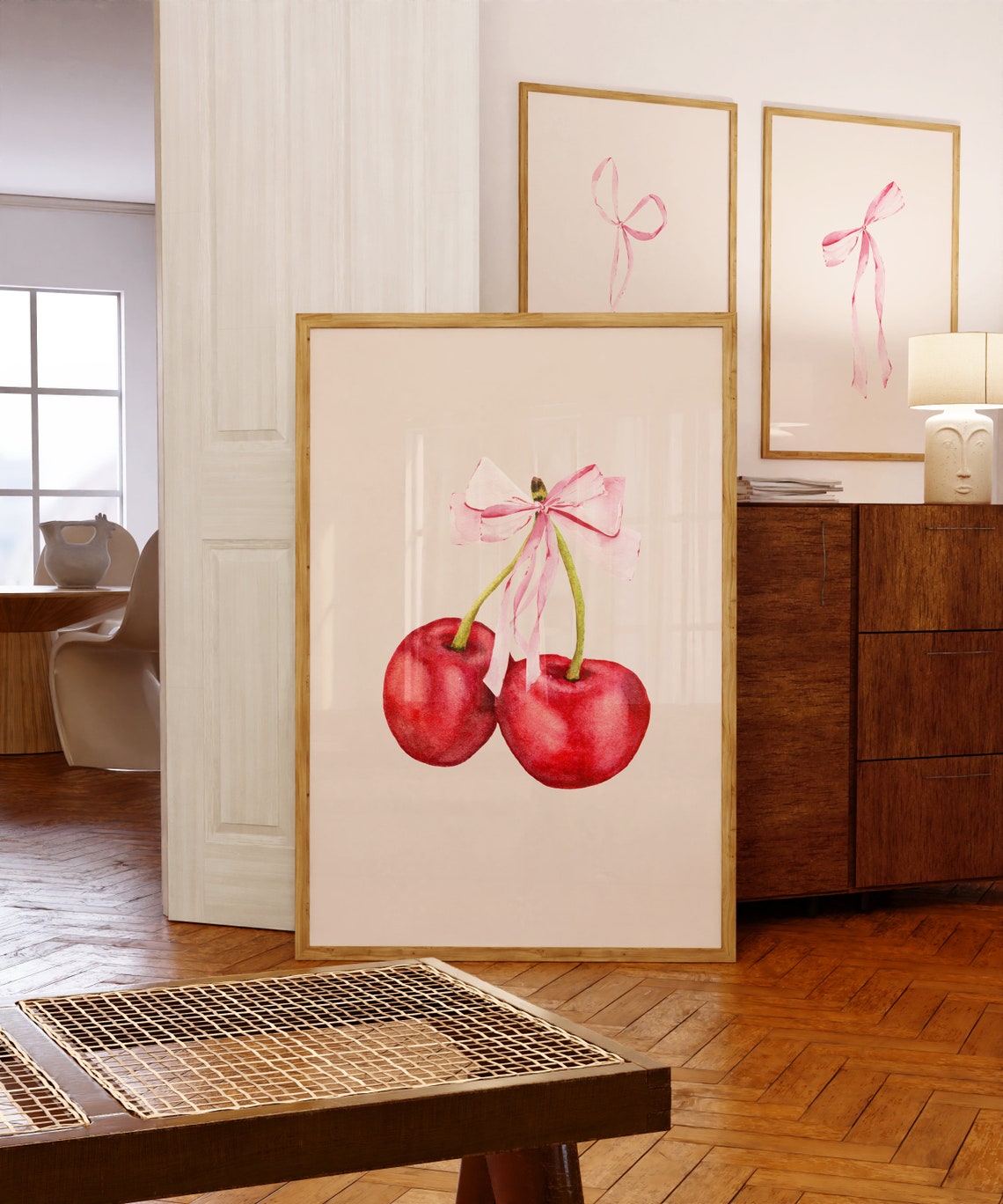 Red Cherries Pink Bow Watercolor Fruit Coquette Kitchen Art Poster - Image 4
