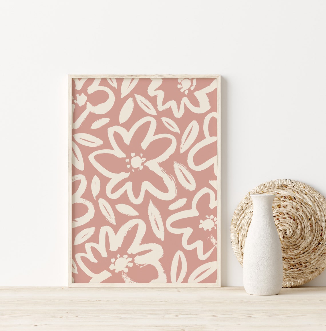 Dusty Pink Abstract Floral Cream Pattern Girls Room Decor Poster - Image 2