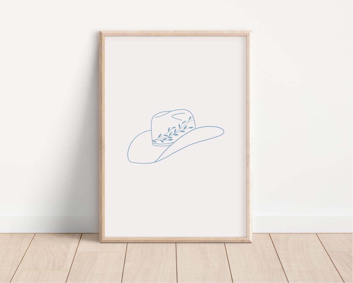 Blue Cowboy Hat Line Art Minimalist Western Coastal Dorm Poster