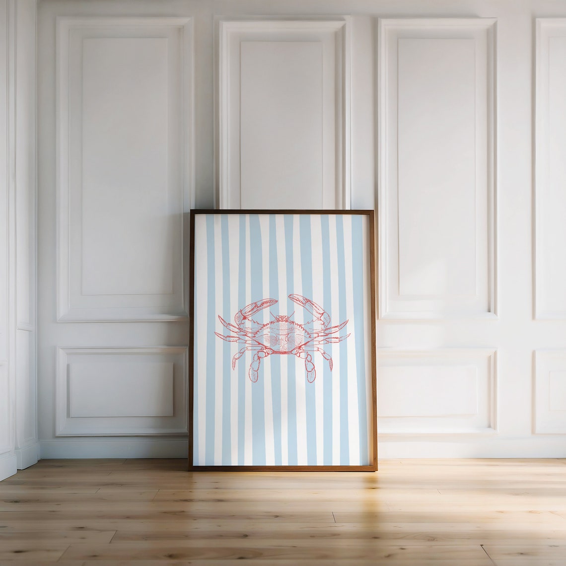 Red Crab Coastal Line Art Blue White Stripe Beachy Nautical Poster - Image 3