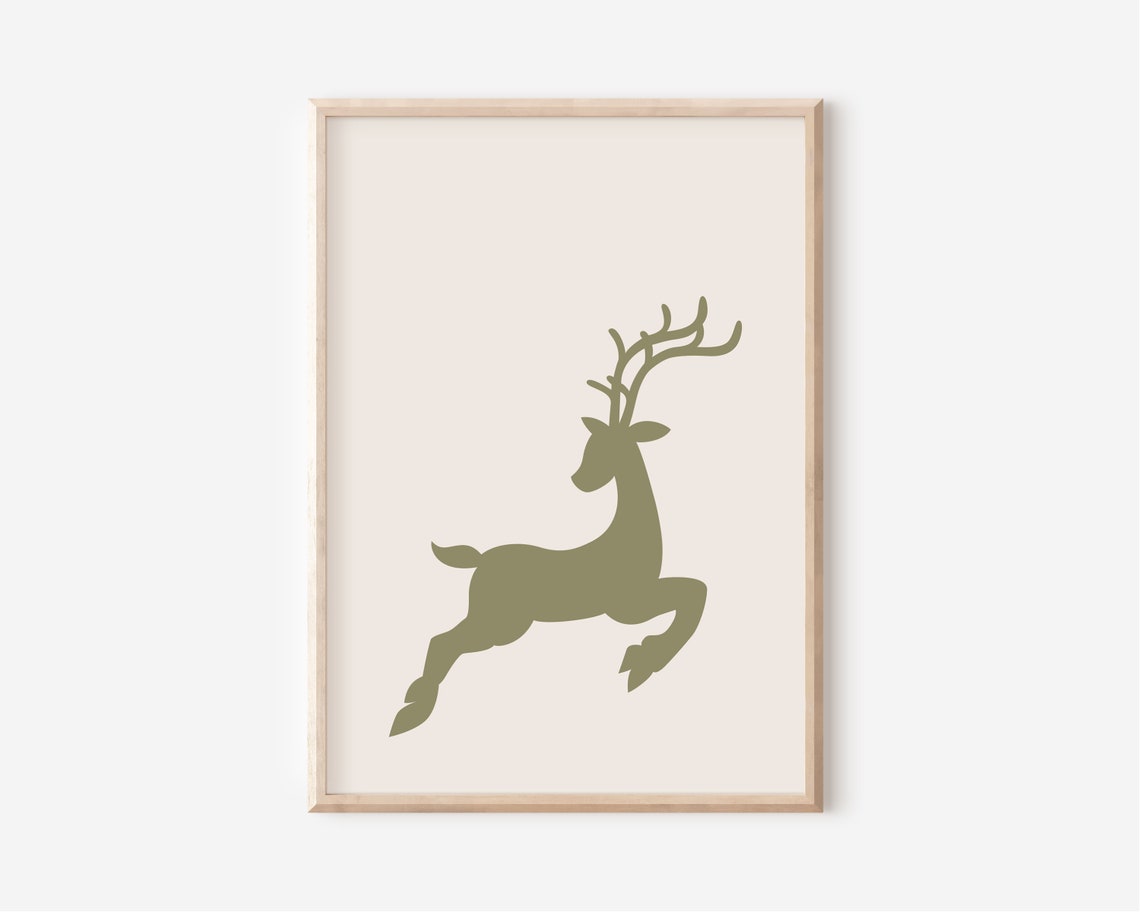 Leaping Reindeer Silhouette Poster Sage Green Minimal Christmas Art