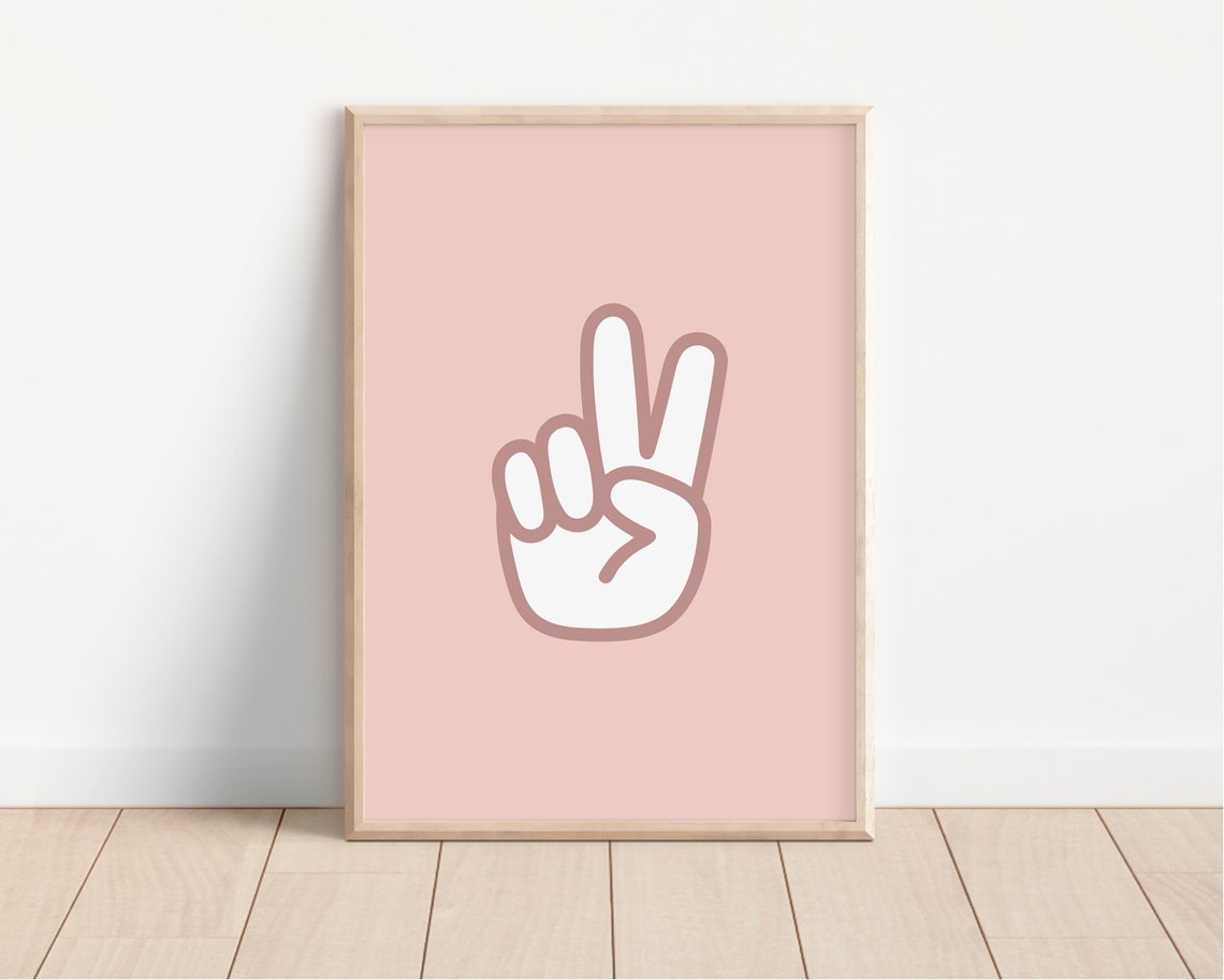 Pink Peace Hand Sign Poster Cute Girls Nursery Boho Room Art Design