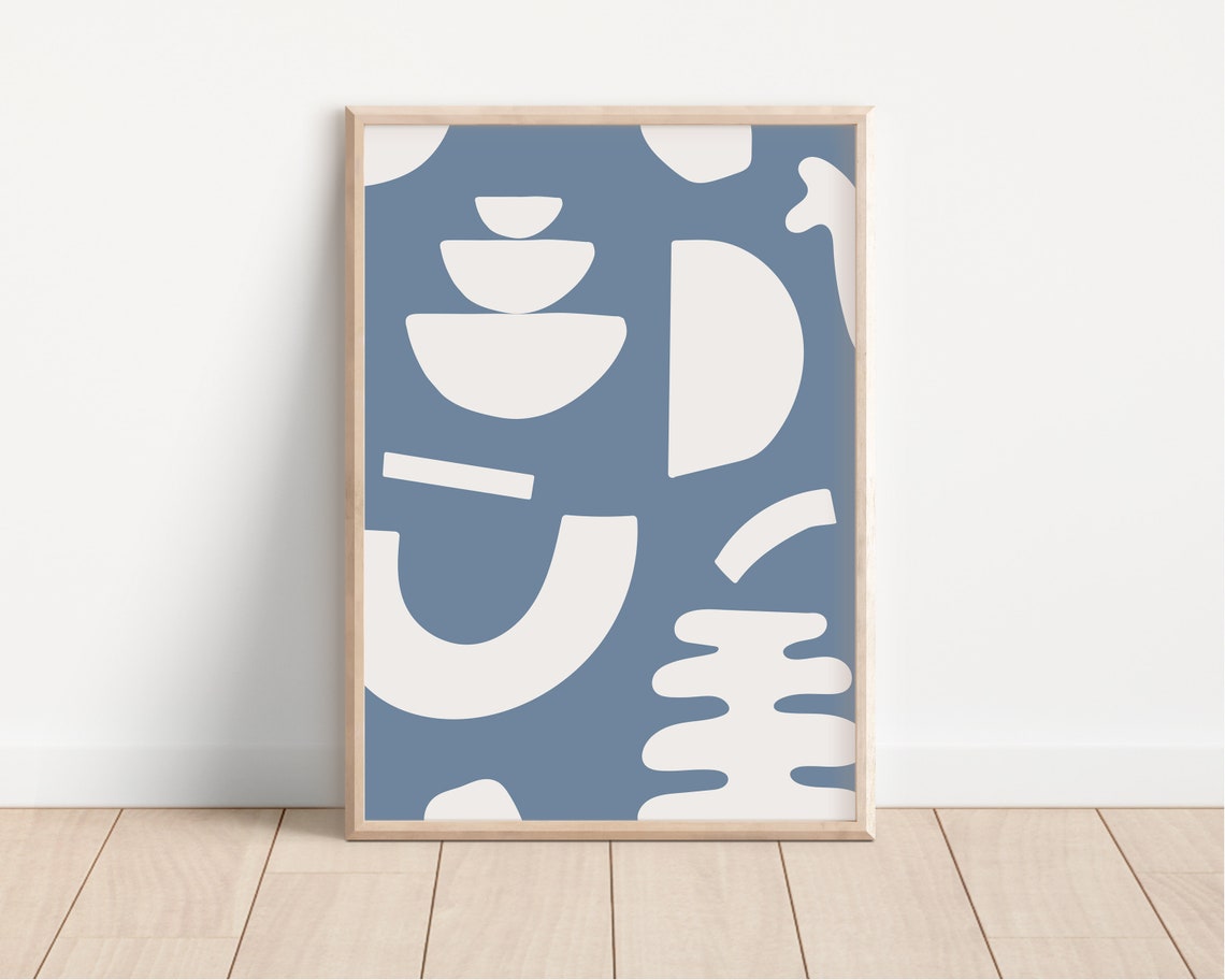 Dusty Blue Abstract Geometric White Shapes Modern Neutral Art Poster - Image 2