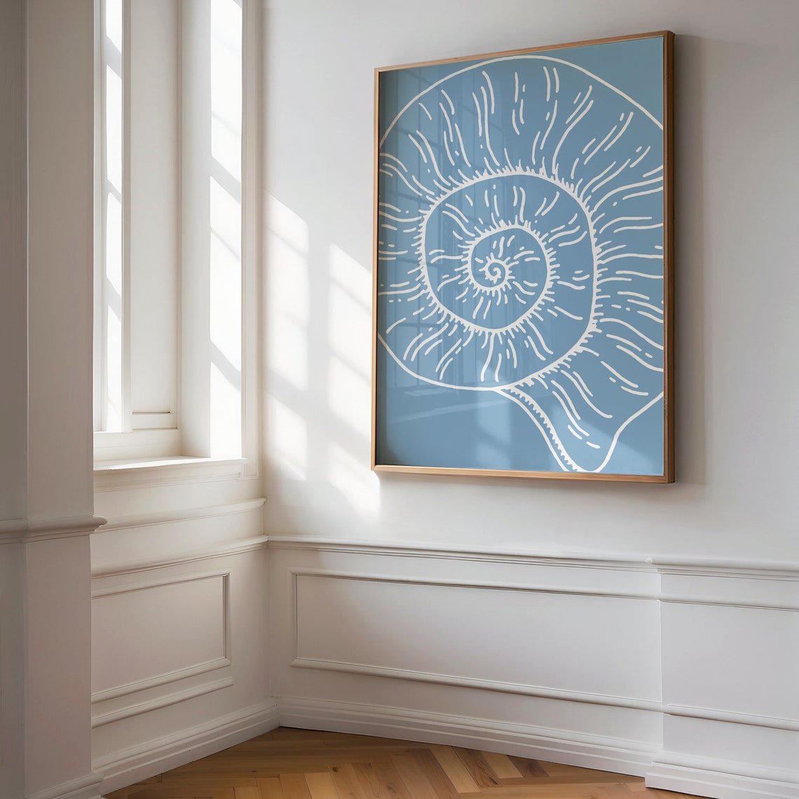 White Nautilus Seashell Line Art Blue Coastal Beach House Print