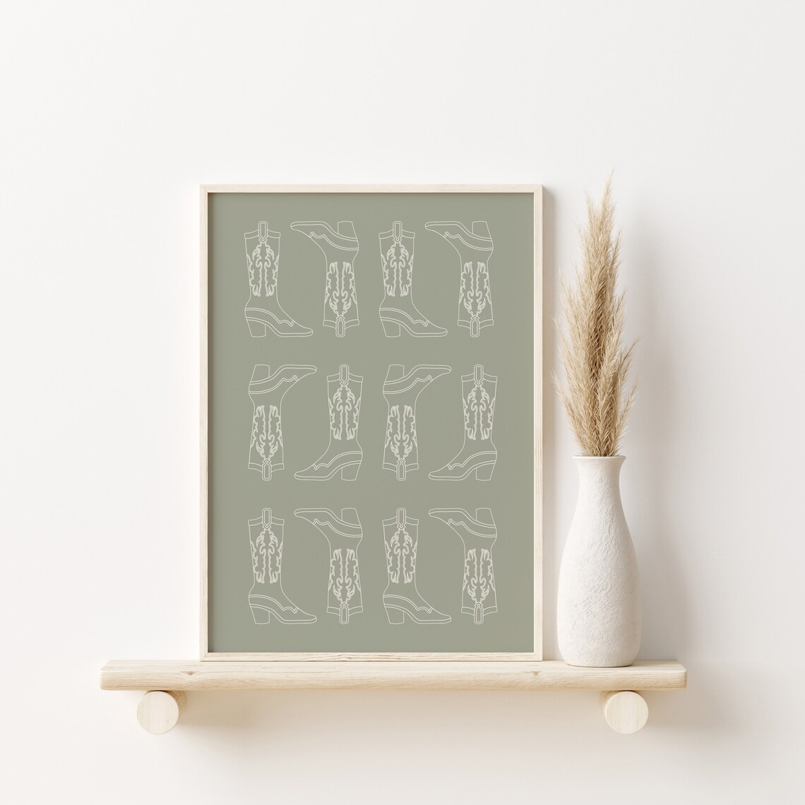 Cowboy Boots Line Art Grid Sage Green Western Cowgirl Decor Poster - Image 3