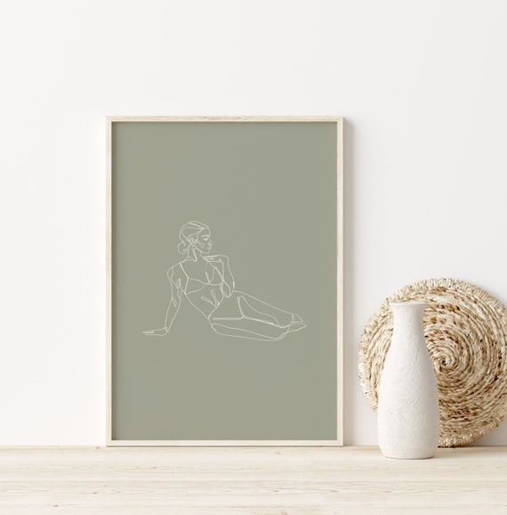 Sage Green Woman Line Art Reclining Female Figure Minimalist Poster
