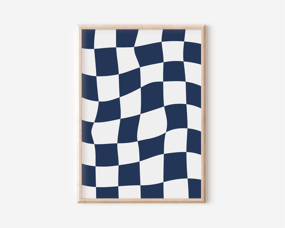 Navy Blue Wavy Checkerboard Trendy Retro Checker Pattern Poster