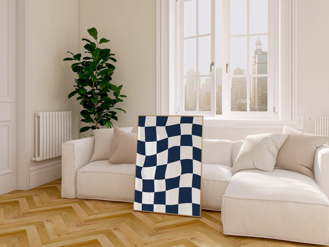 Navy Blue Wavy Checkerboard Trendy Retro Checker Pattern Poster - Image 3