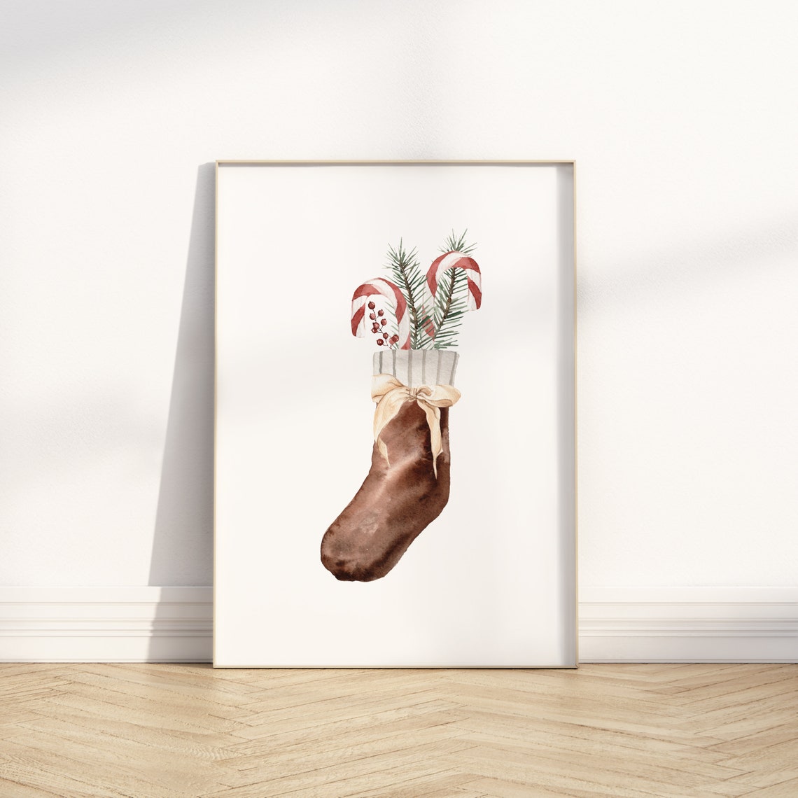 Christmas Stocking Watercolor Candy Cane Pine Holiday Decor Poster - Image 3