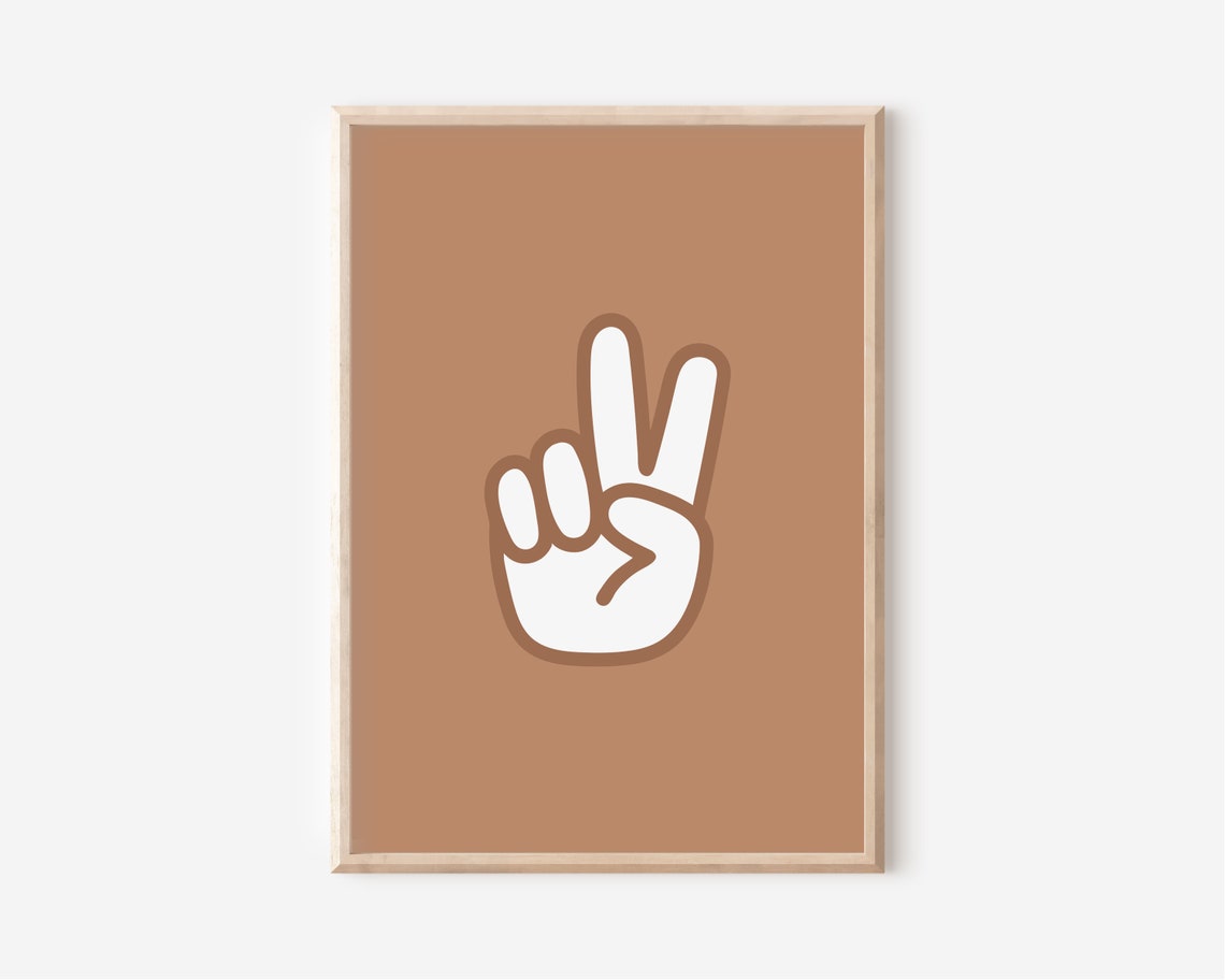Caramel Peace Sign Hand White Graphic Retro Minimalist Art Poster