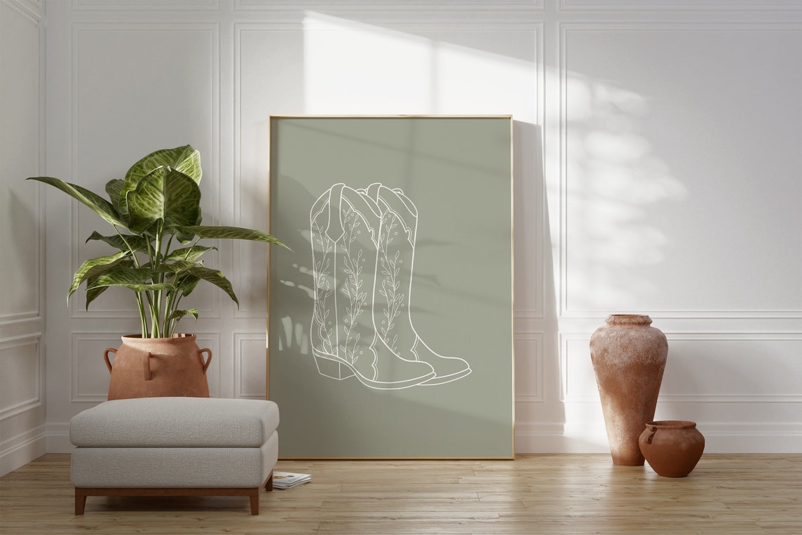 Sage Green Cowboy Boots Line Art Poster Western Floral Outline Design - Image 4