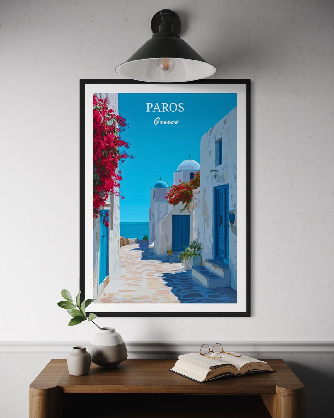 Paros Greece Whitewashed Alley Blue Doors Bougainvillea Poster