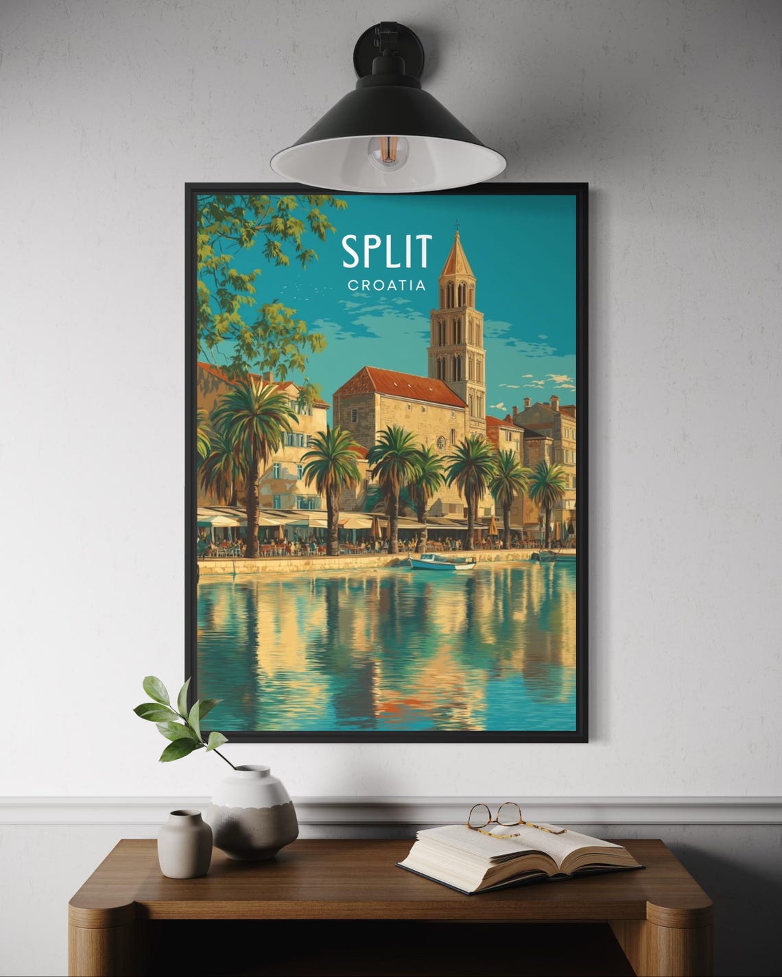 Split Croatia Harbor Bell Tower Palms Boat Reflection Travel Poster