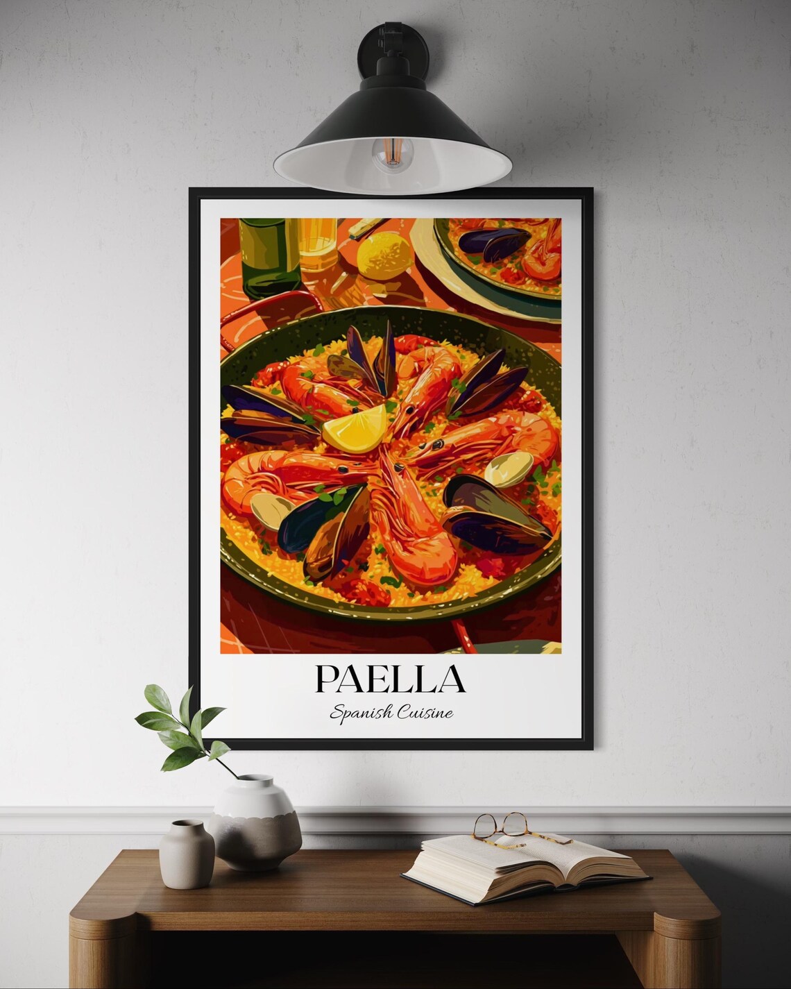 Paella Spanish Cuisine Poster Seafood Rice Pan Illustration Kitchen Decor