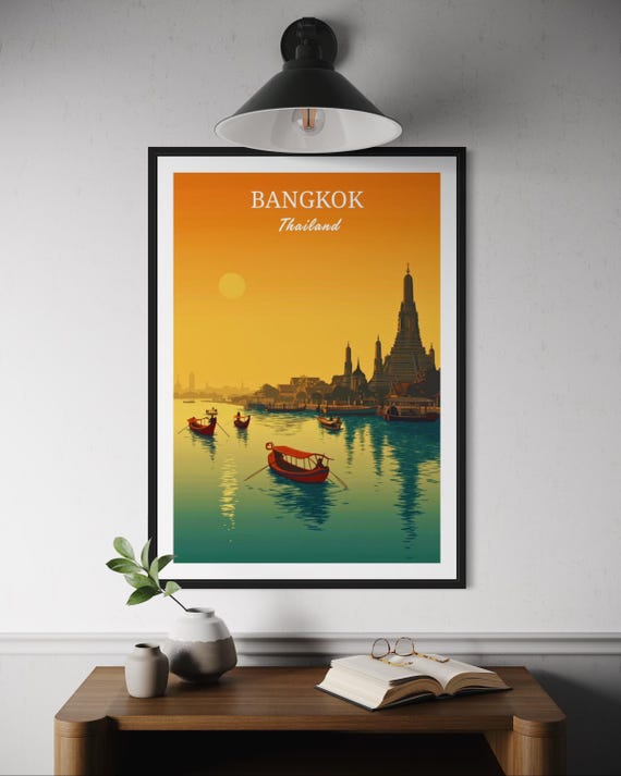 Chao Phraya River Bangkok Poster Thailand Travel Wall Art Riverside Cityscape Print Southeast Asia Urban Illustration