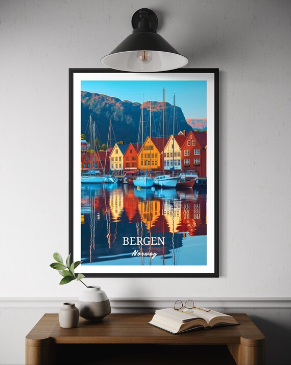 Bergen Norway Travel Poster, Bryggen Waterfront