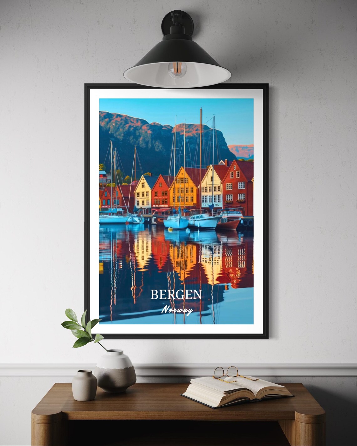 Bergen Norway Travel Poster, Bryggen Waterfront