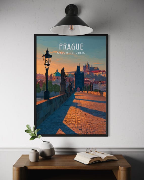 Prague Travel Poster Charles Bridge Vector Art Print Romantic Gothic City Wall Decor Summer Illustration Old Town Czech Republic