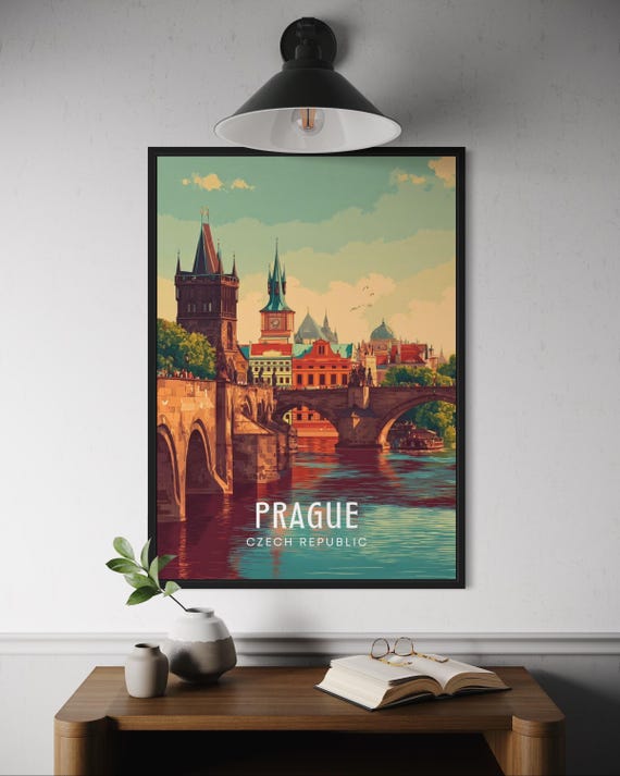 Prague Travel Poster Charles Bridge Vector Art Print Romantic Gothic City Wall Decor Summer Illustration Old Town Czech Republic