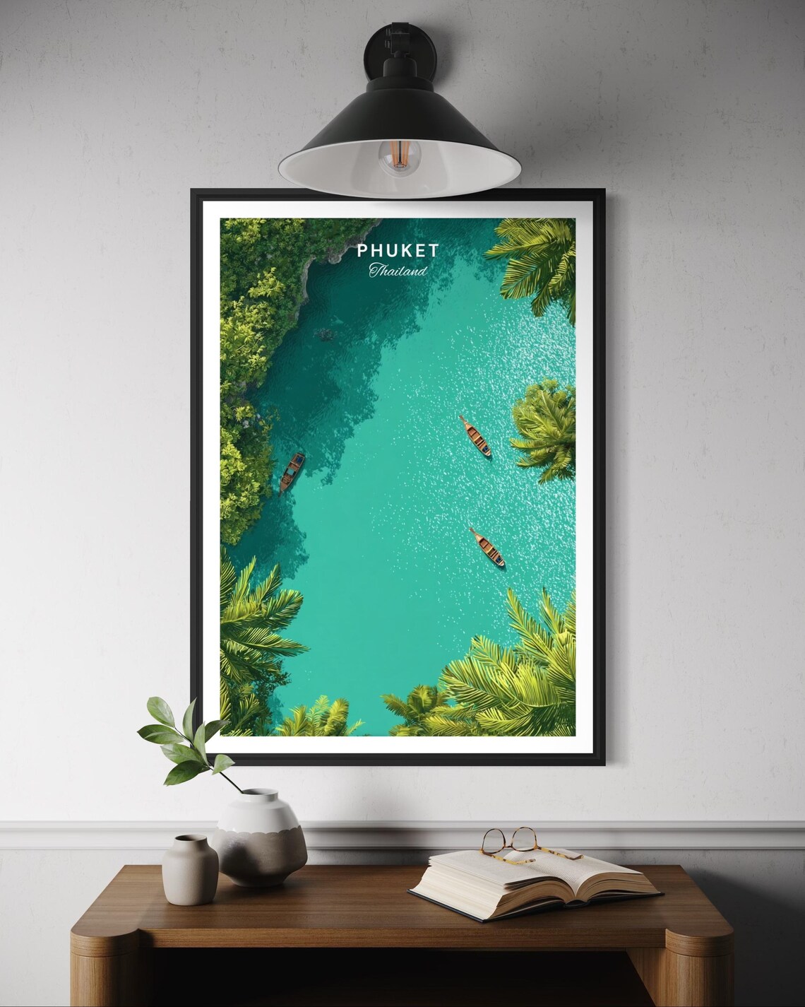Phuket Thailand Turquoise Bay Aerial Boats Palm Trees Island Poster