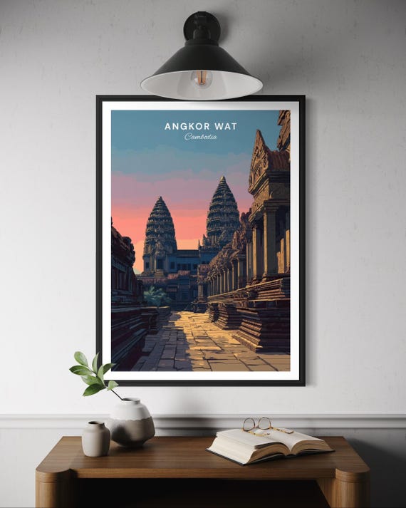 Angkor Wat Cambodia Ancient Temple Sunset Stone Causeway Travel Poster