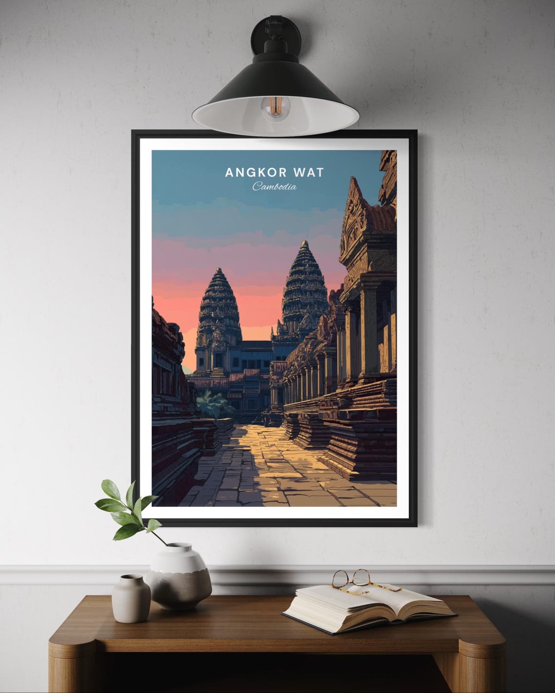 Angkor Wat Cambodia Ancient Temple Sunset Stone Causeway Travel Poster