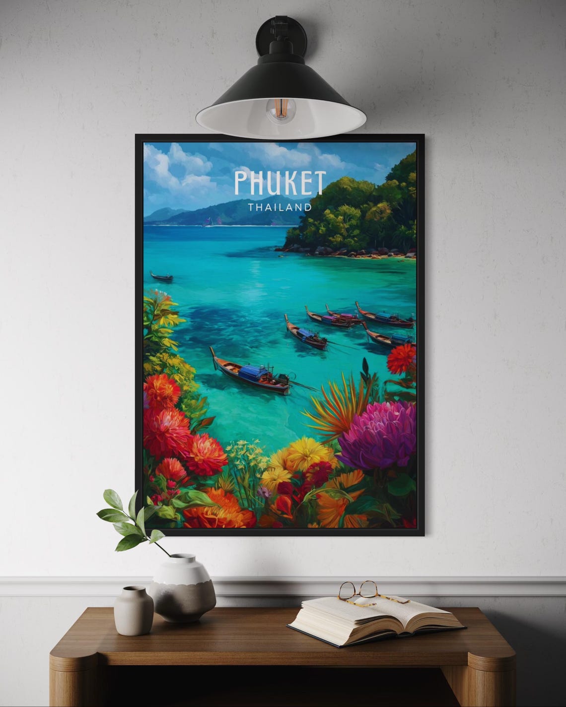 Phuket Thailand Longtail Boats Turquoise Bay Floral Frame Poster