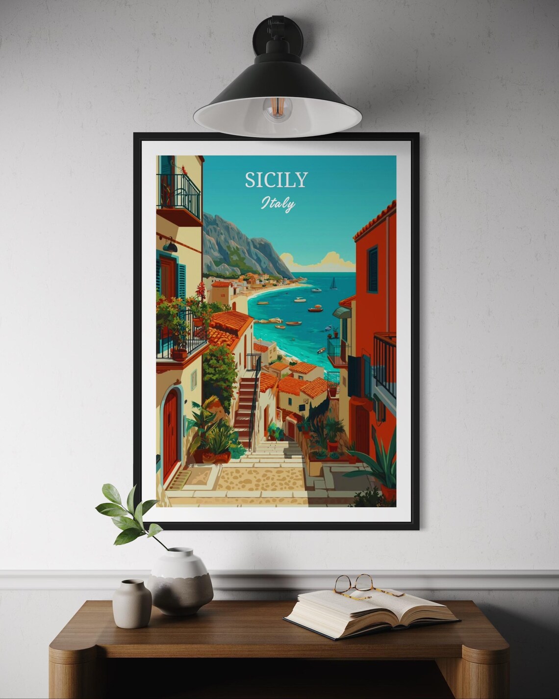 Sicily Italy Travel Poster Coastal Town Stairs to Turquoise Bay