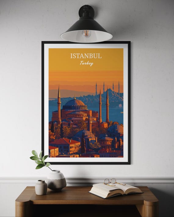 Istanbul Turkey Wall Art Hagia Sophia Travel Poster Sunset City Print Turkish Architecture Decor Skyline Illustration Turkiye