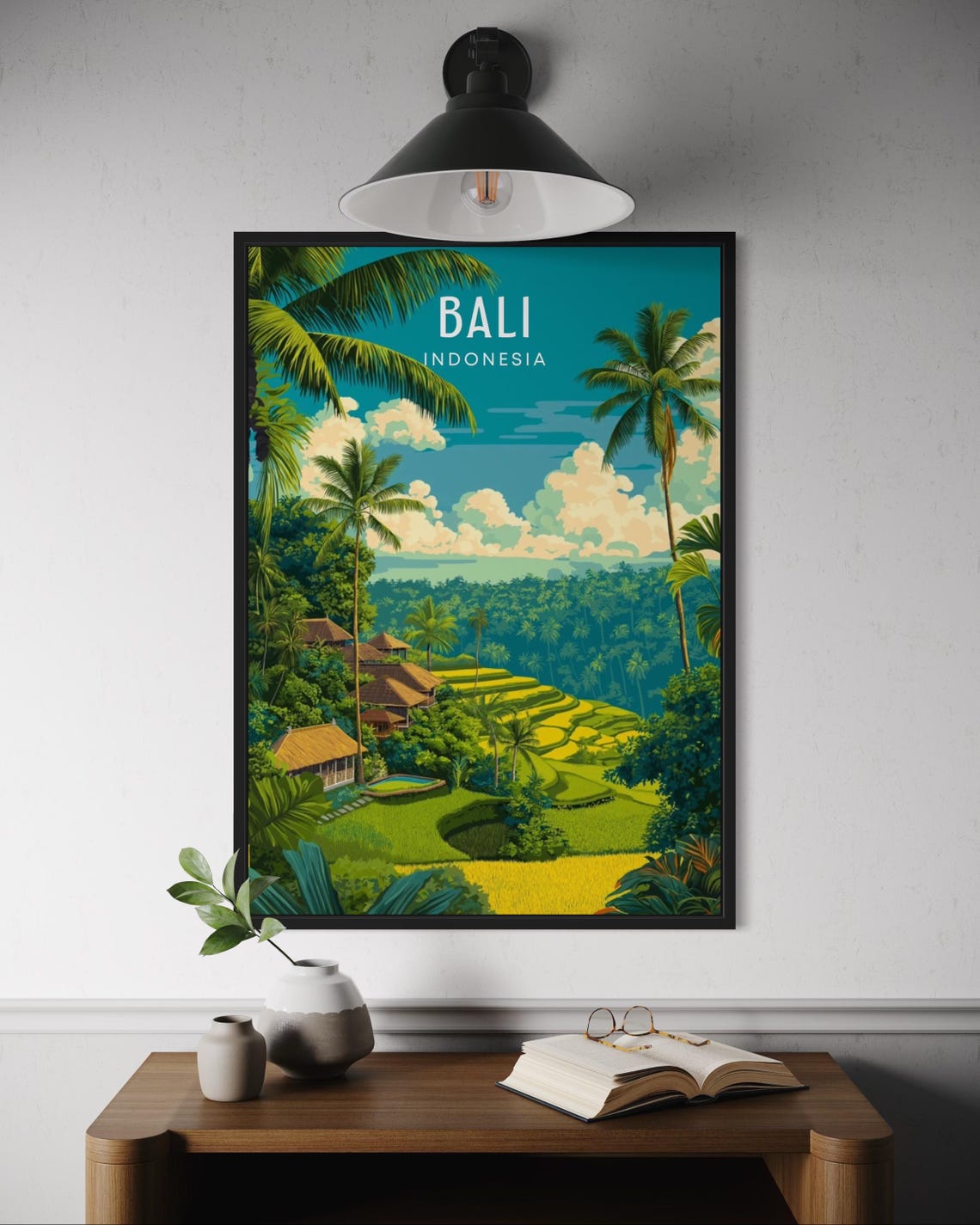 Bali Indonesia Rice Terraces Palm Jungle Retro Travel Poster