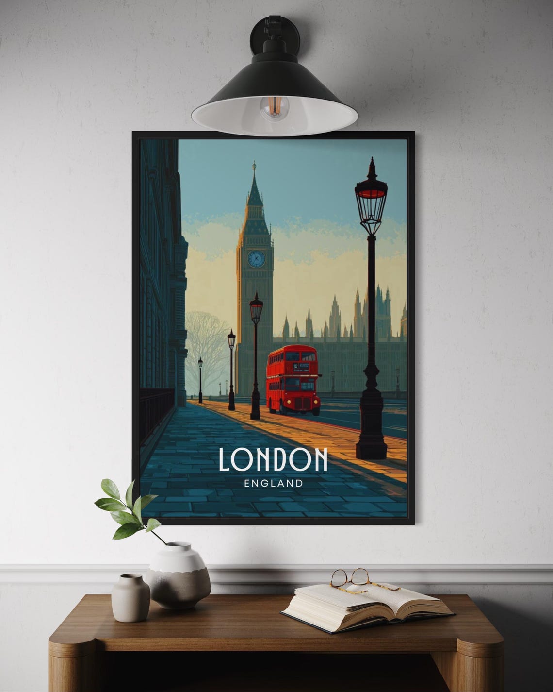 London England Big Ben Red Double Decker Bus Bridge Dusk Poster