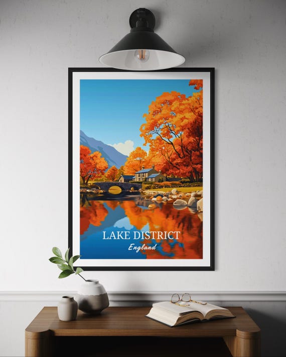 Lake District Autumn Village Poster Riverside Uk Countryside Wall Art Fall Landscape Print Travel Decor Scenic Nature England