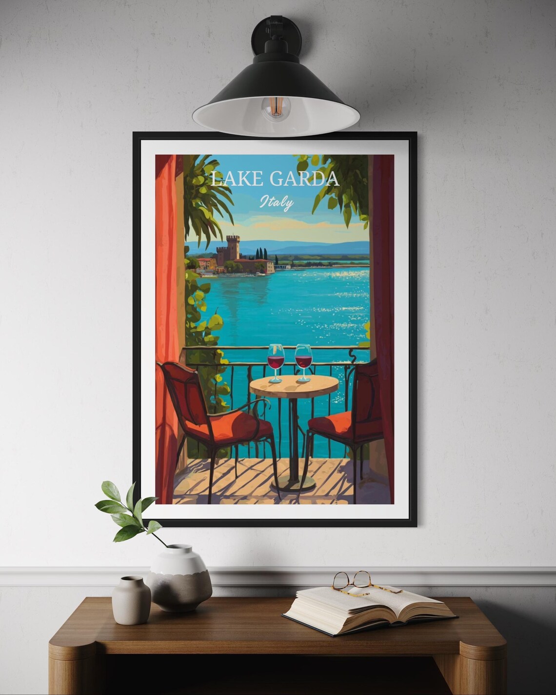 Lake Garda Italy Vintage Romantic Balcony Wine View Travel Poster