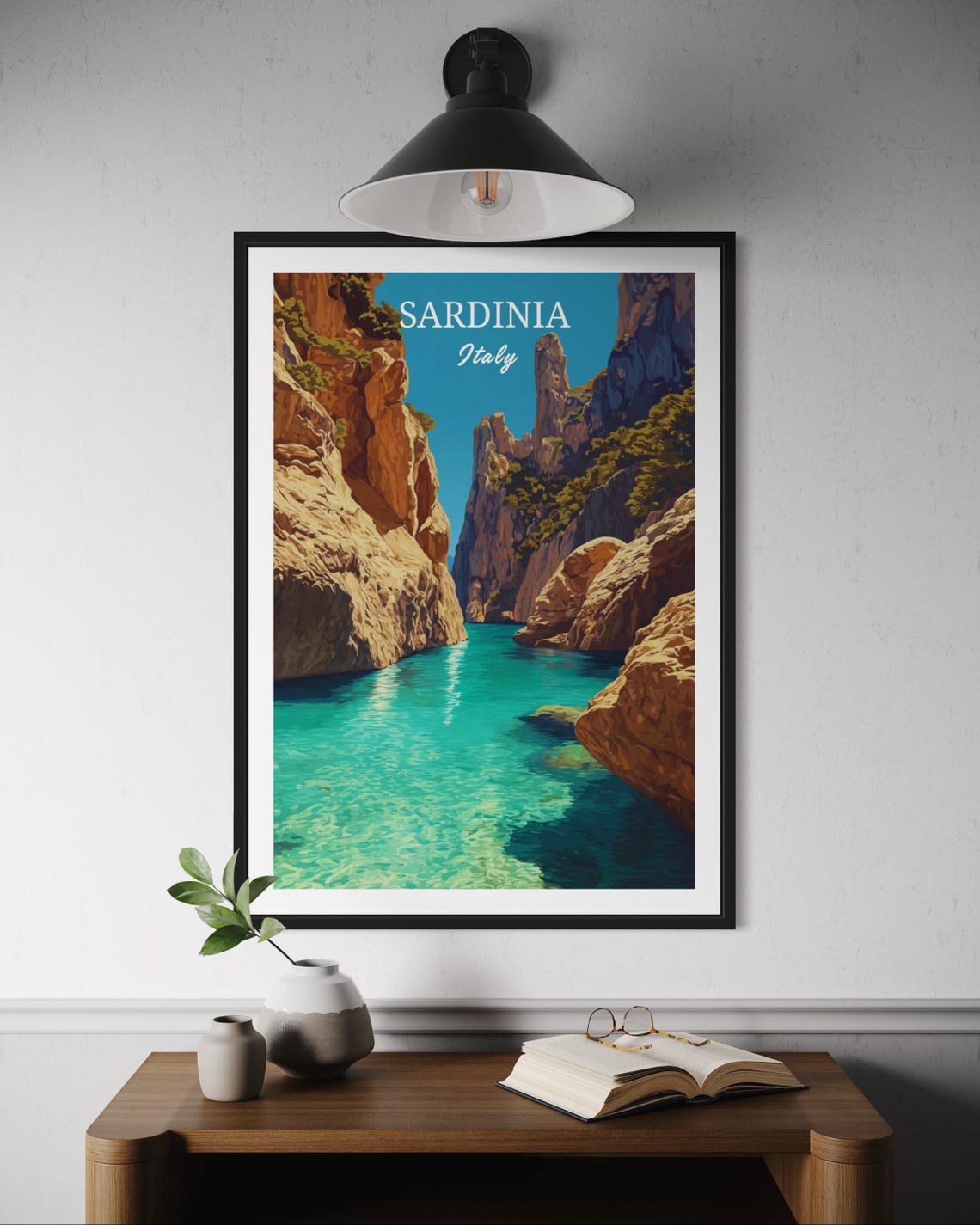 Sardinia Italy Vintage Turquoise Cove Rocky Cliffs Travel Poster