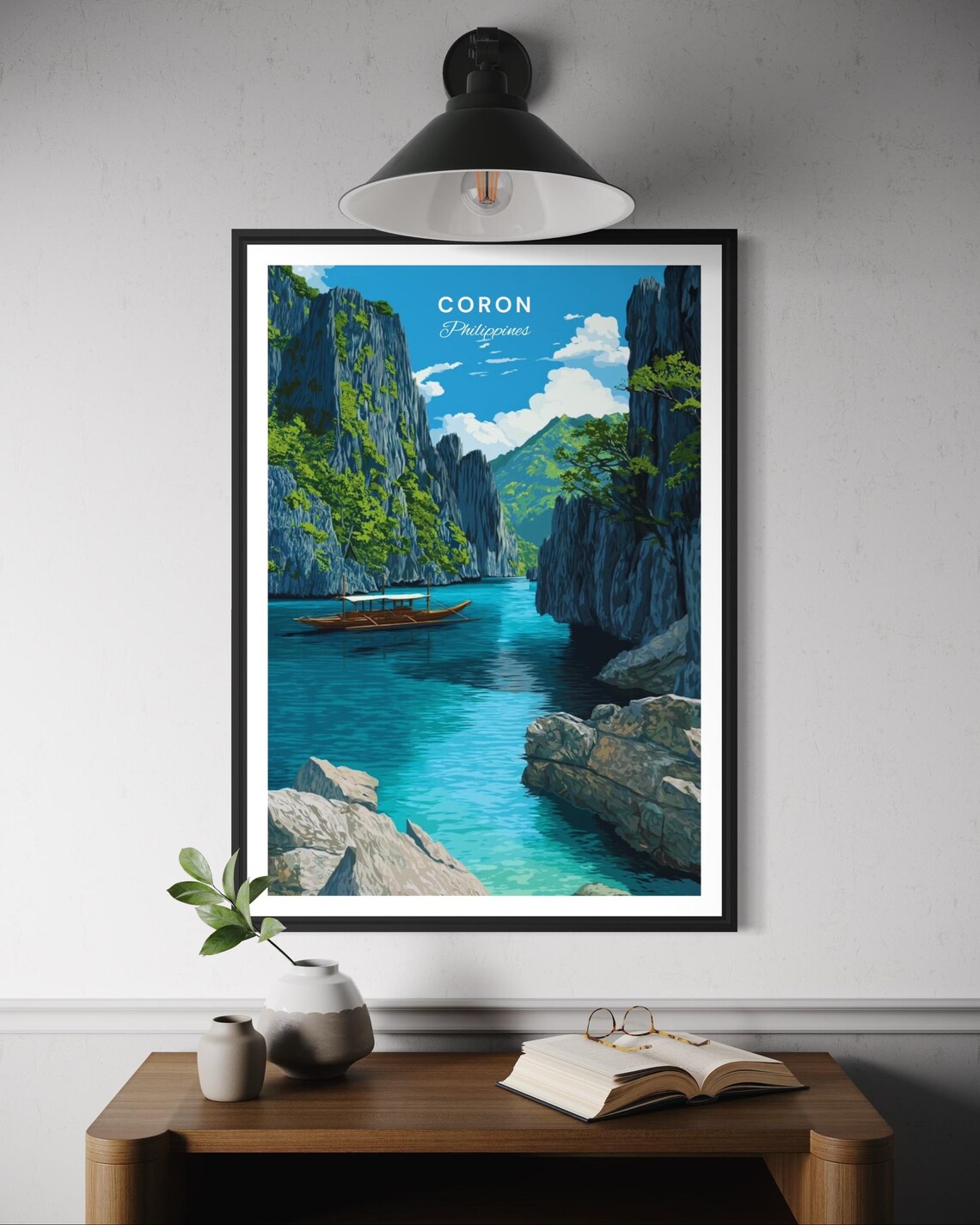 Coron Philippines Tropical Lagoon Travel Poster with Karst Cliffs and Boat