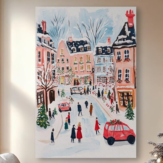 Snowy Christmas Village Street Watercolor Festive Holiday Town Poster