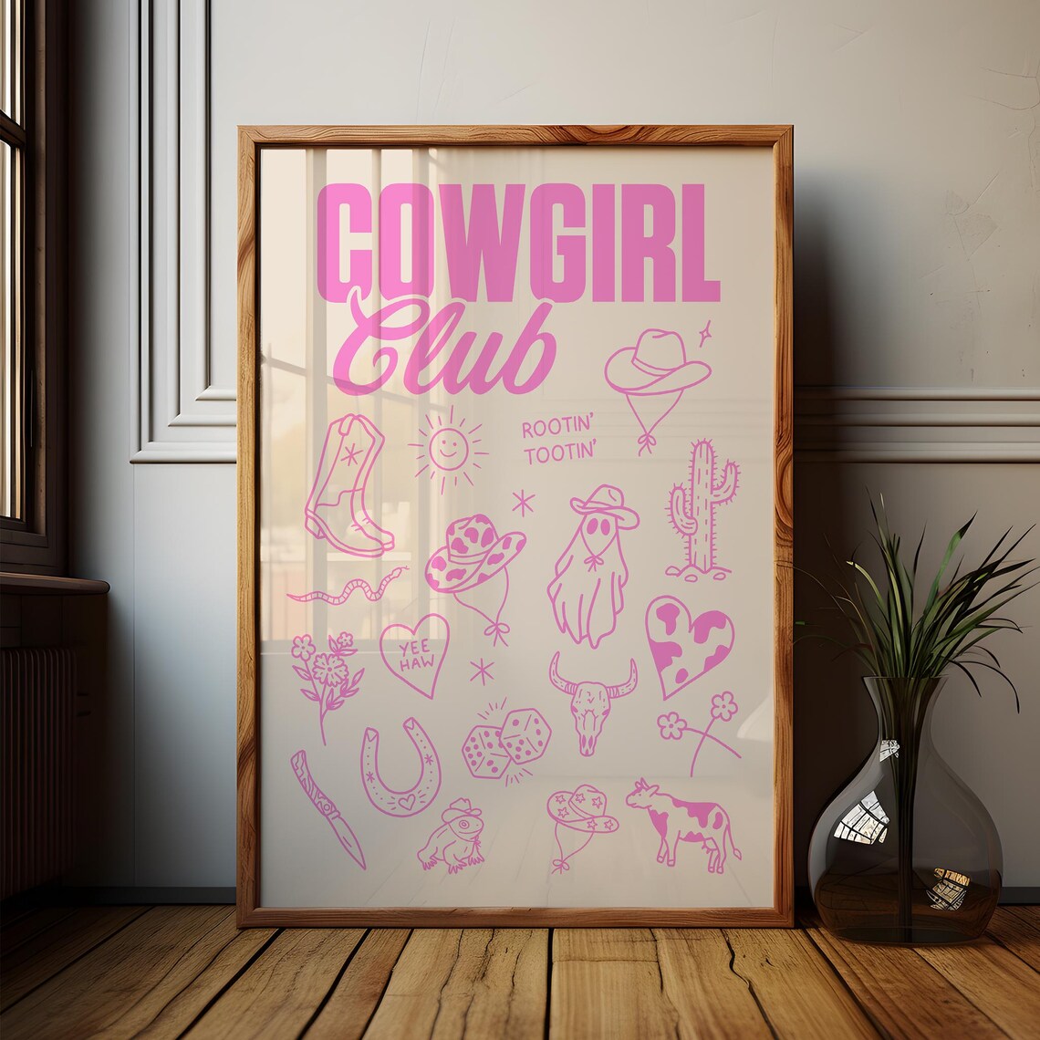 Cowgirl Club Pink Retro Western Collage Poster for Preppy Wall Decor