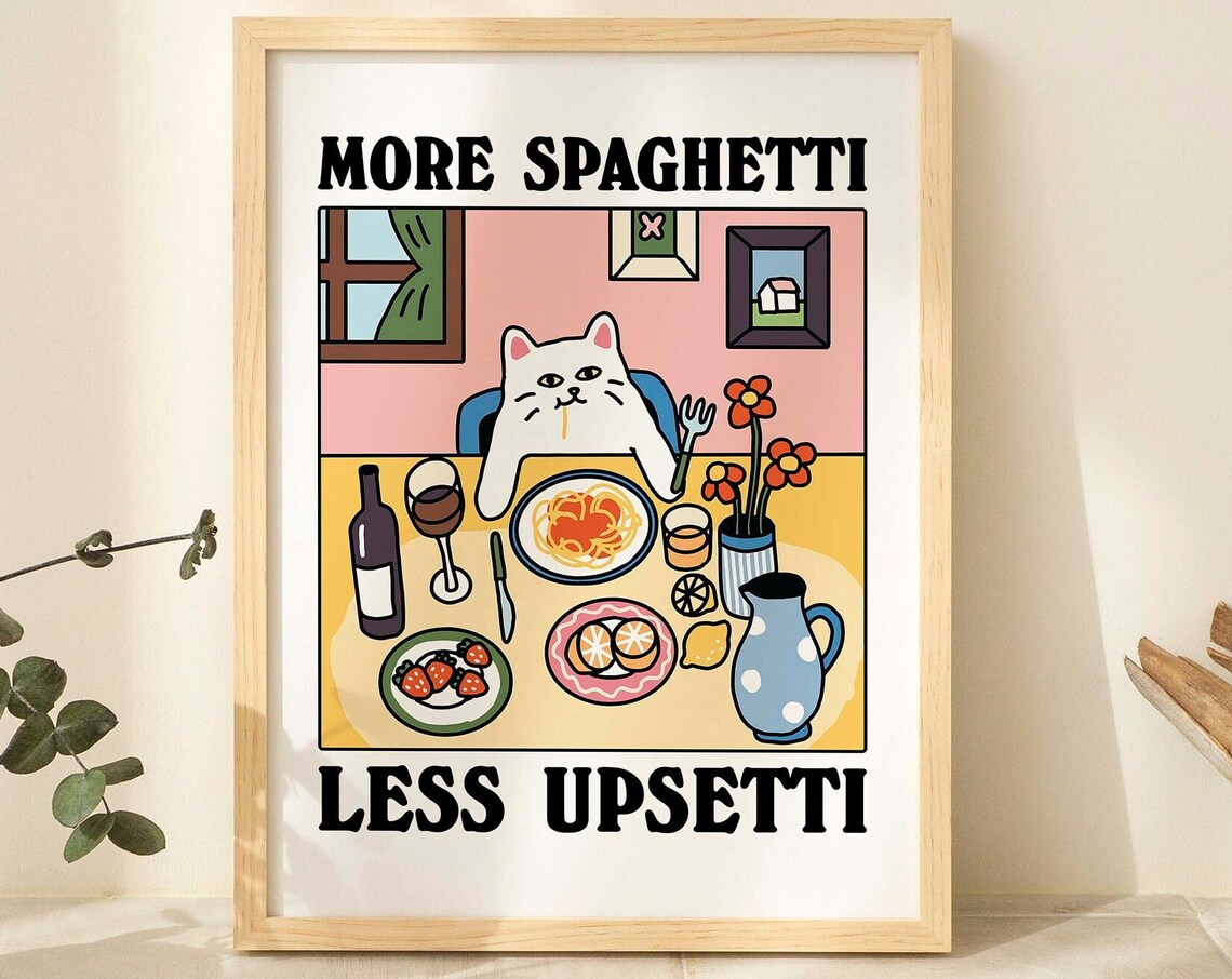 More Spaghetti Less Regretti Cat Retro Diner Art Print