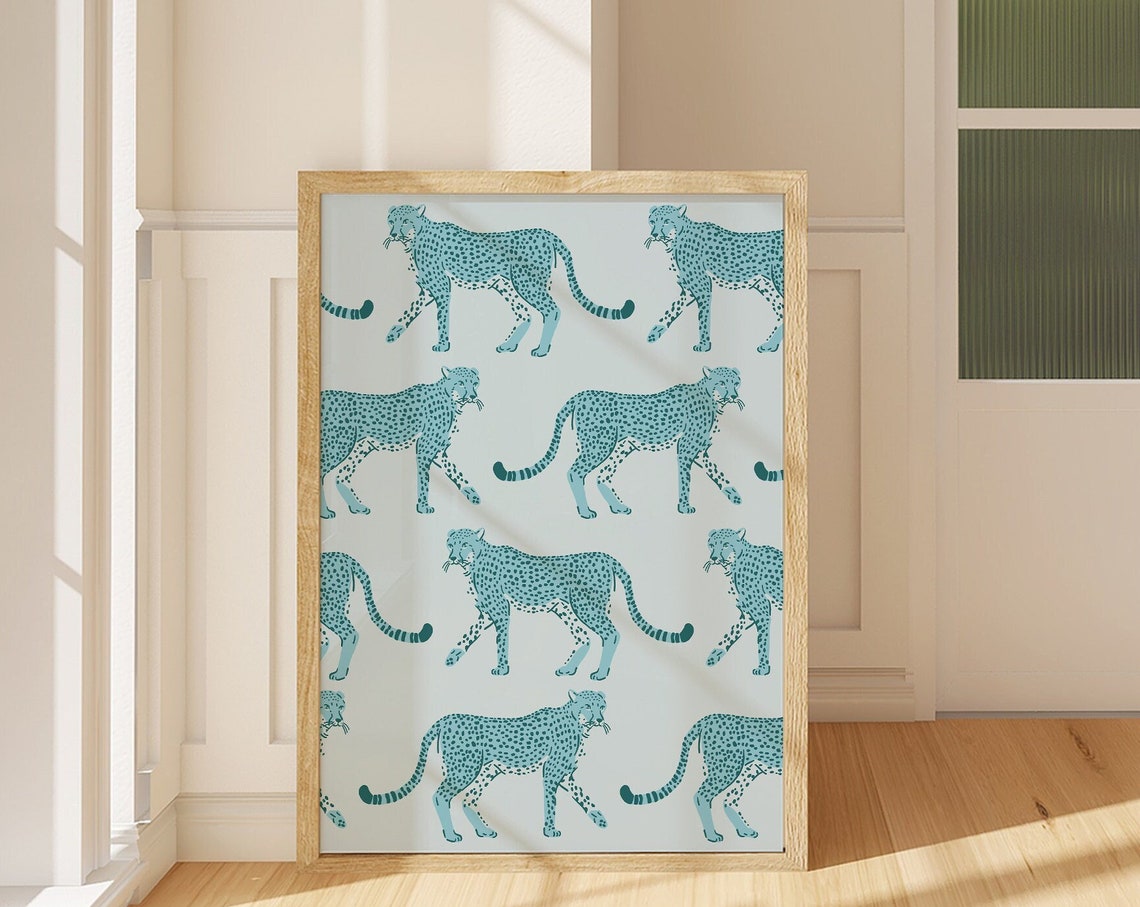 Blue Cheetah Leopard Pattern Print Trendy Y2K Animal Art Poster