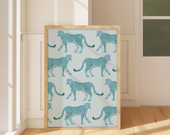 Blue Cheetah Leopard Pattern Print Trendy Y2K Animal Art Poster