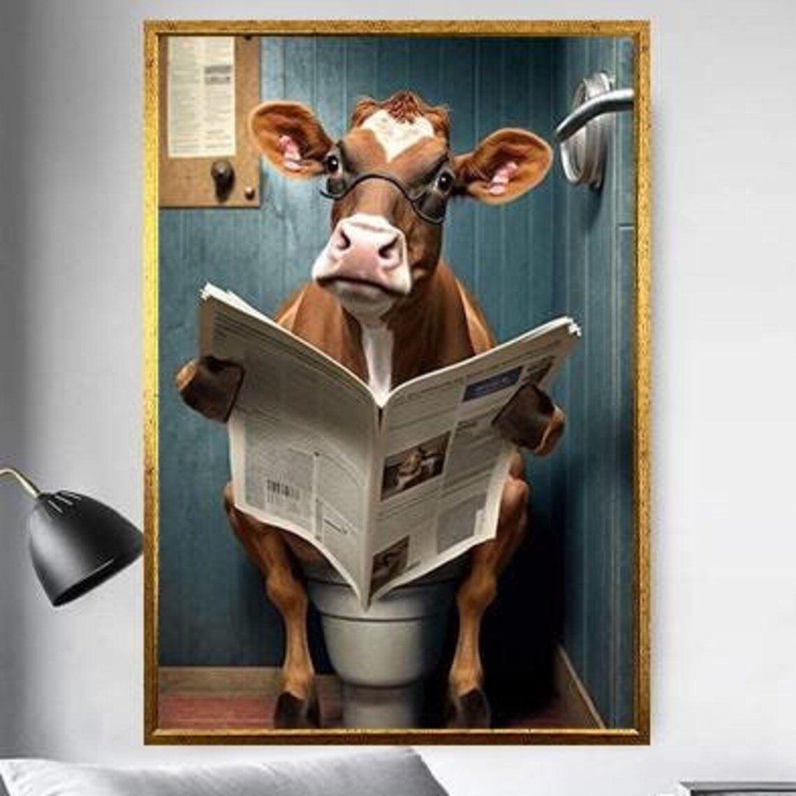Funny Cow In Glasses Reading Newspaper On The Toilet Humor Poster - Image 5