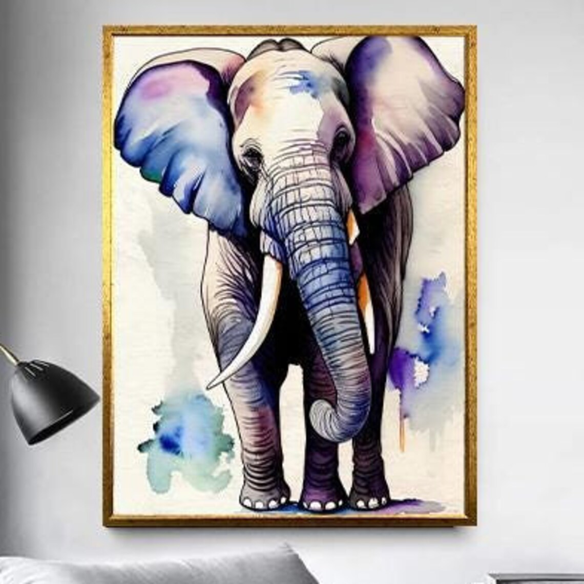 Gentle Watercolor Elephant in Blue Purple Washes Wildlife Poster - Image 5