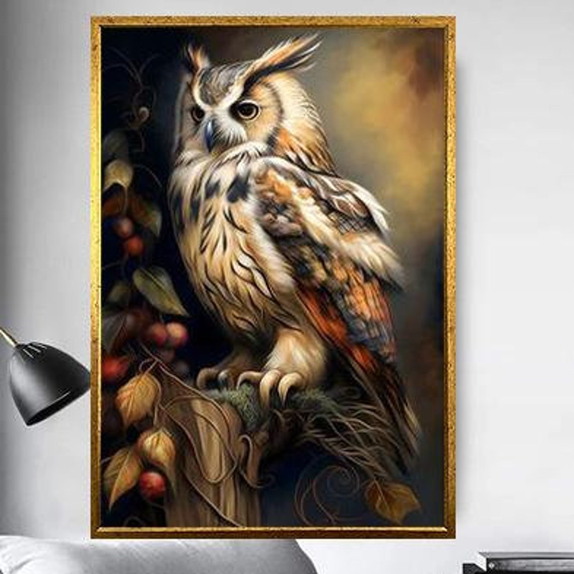 Long Eared Owl Perched Among Autumn Leaves And Berries Poster - Image 5