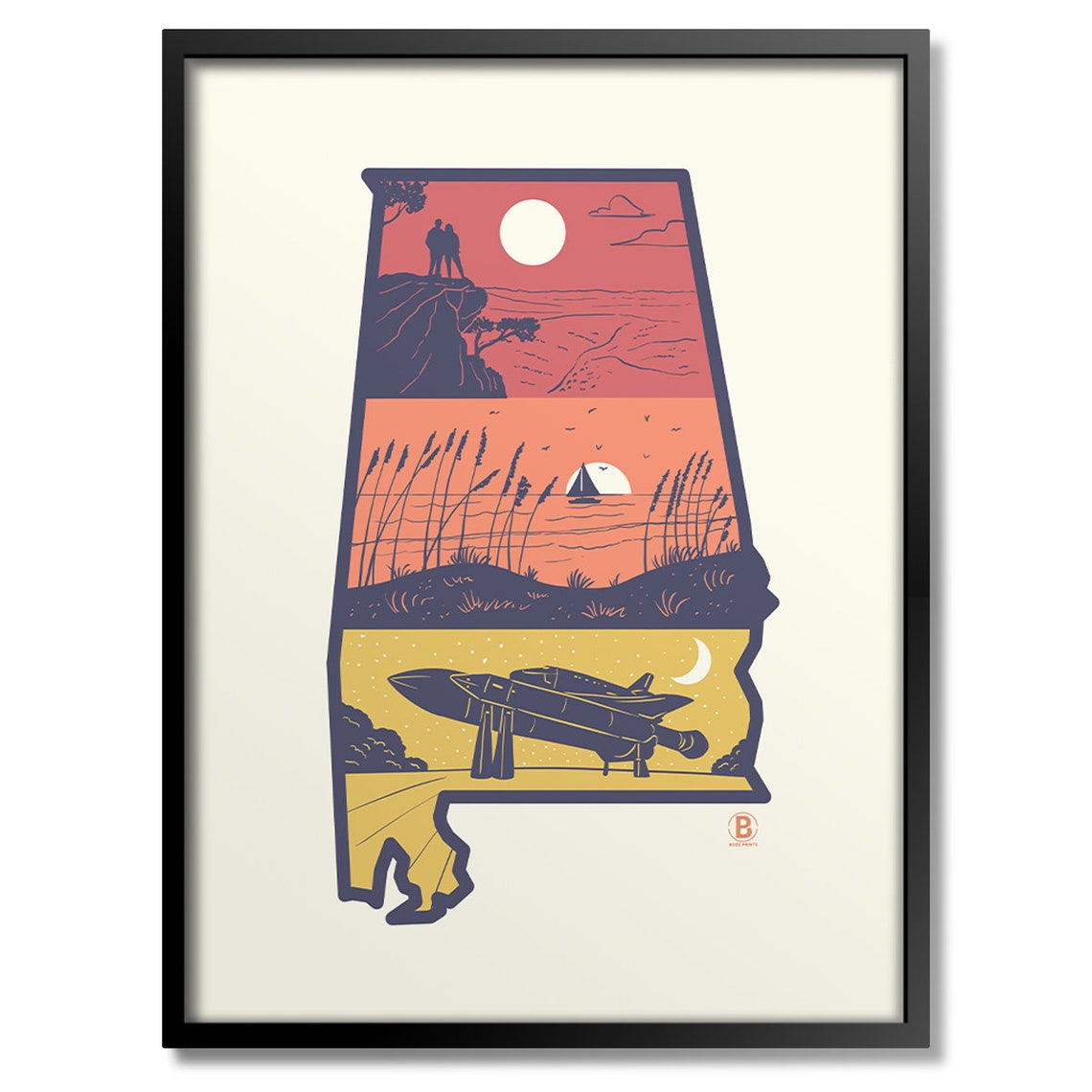 Layers of Alabama State Shape Coast Rocket Sunset Art Poster