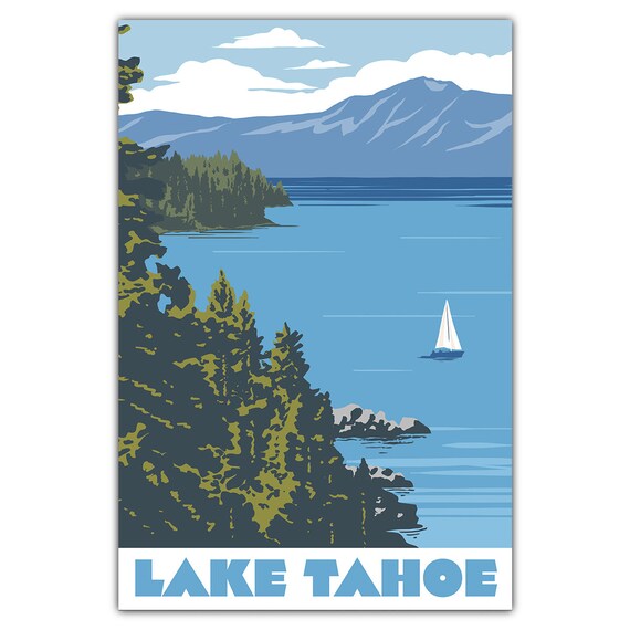 Lake Tahoe Sailboat Vintage Travel Poster Blue Lake Pines Mountains