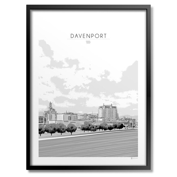 Davenport Iowa Riverfront Skyline Grayscale Minimal City Poster
