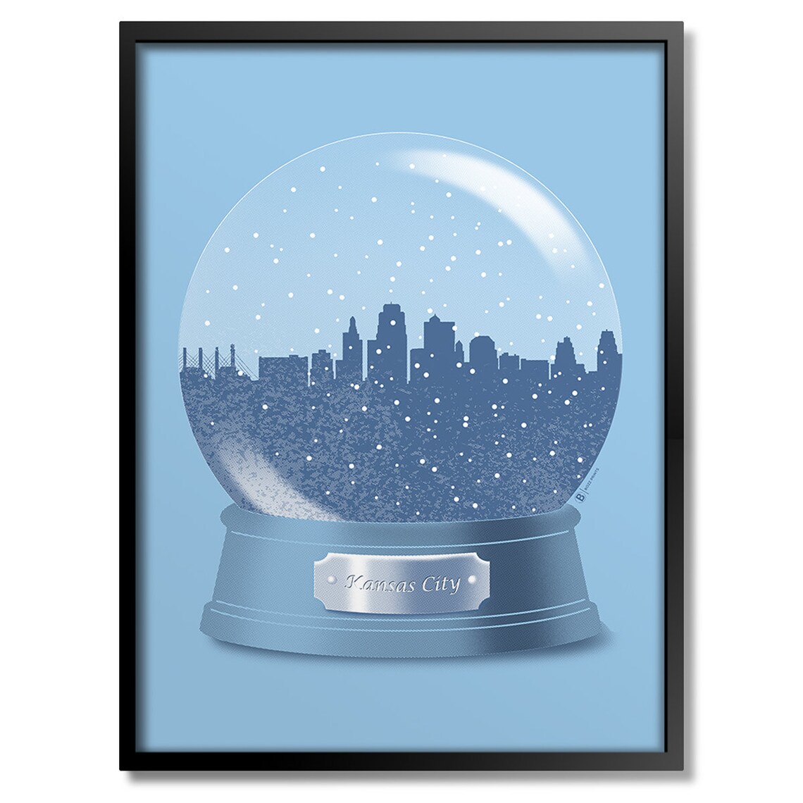 Kansas City Skyline Snow Globe Blue Winter Souvenir Travel Poster