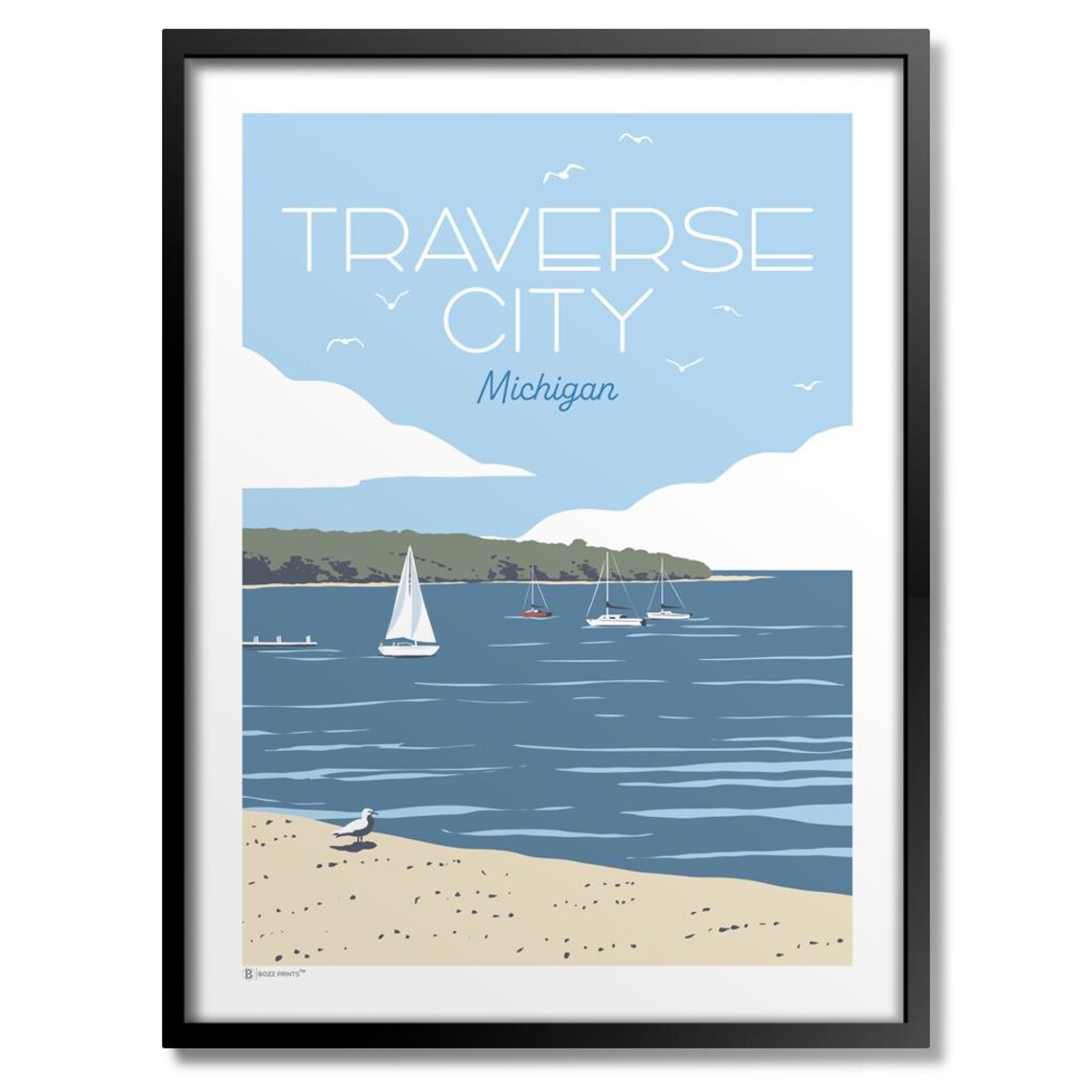 Traverse City Michigan Bay Sailboats Vintage Travel Style Poster